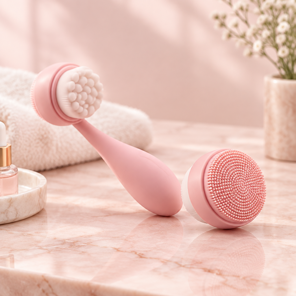 Double-sided pink silicone facial cleansing brush on blush marble surface