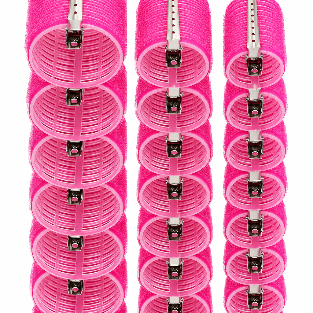 28 piece hot pink velcro hair rollers with silver grip hooks in 3 sizes
