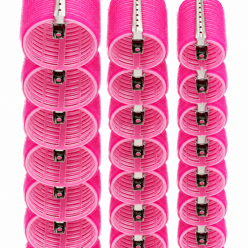 28 piece hot pink velcro hair rollers with silver grip hooks in 3 sizes