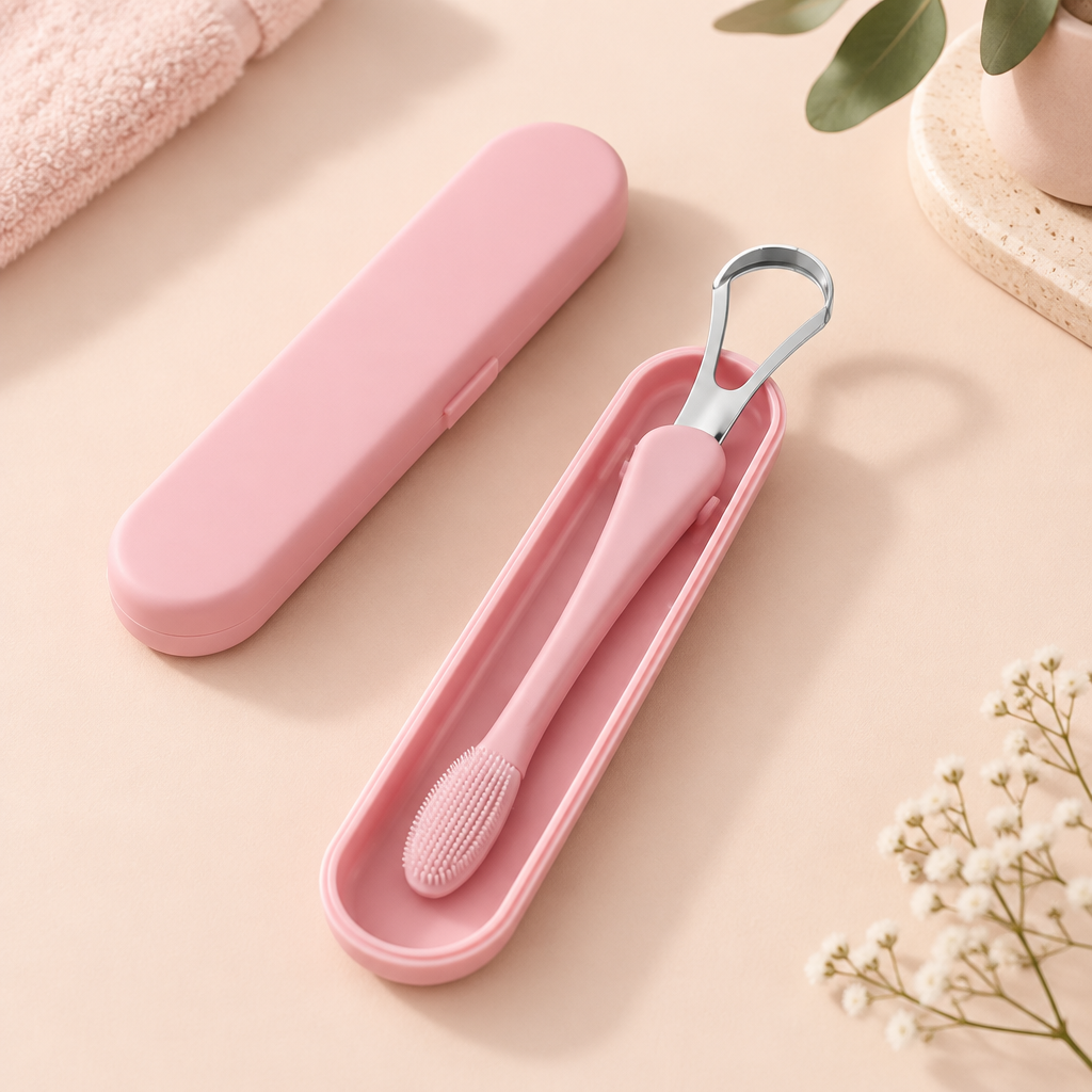 2-in-1 tongue scraper and silicone brush in pink with protective case