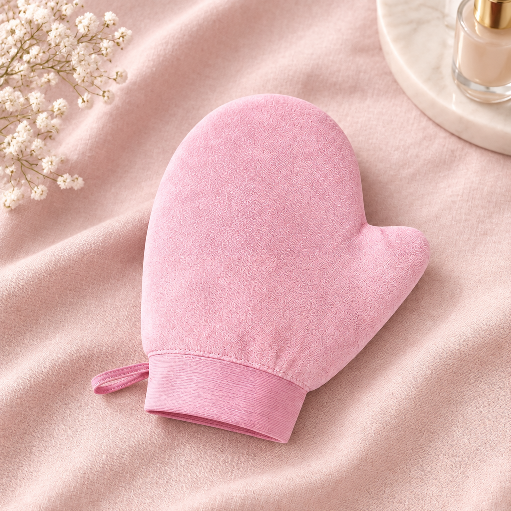 Pink reusable self tan glove applicator on blush pink linen background