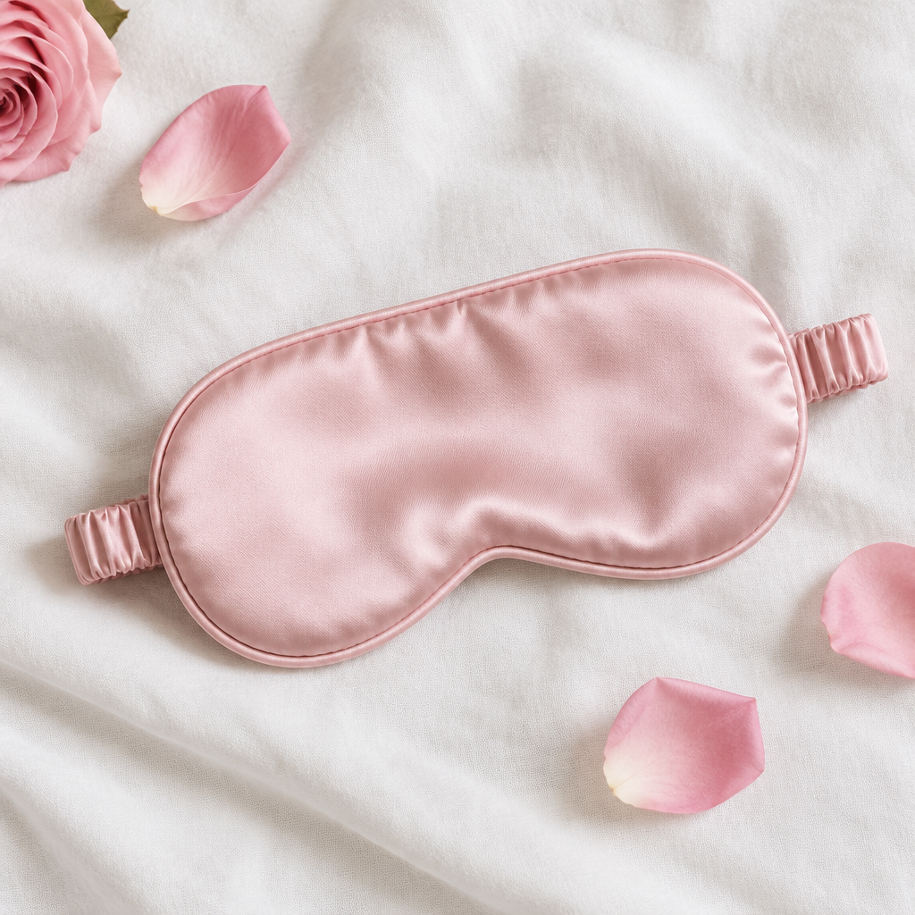 Pink satin sleep mask on white linen with rose petals
