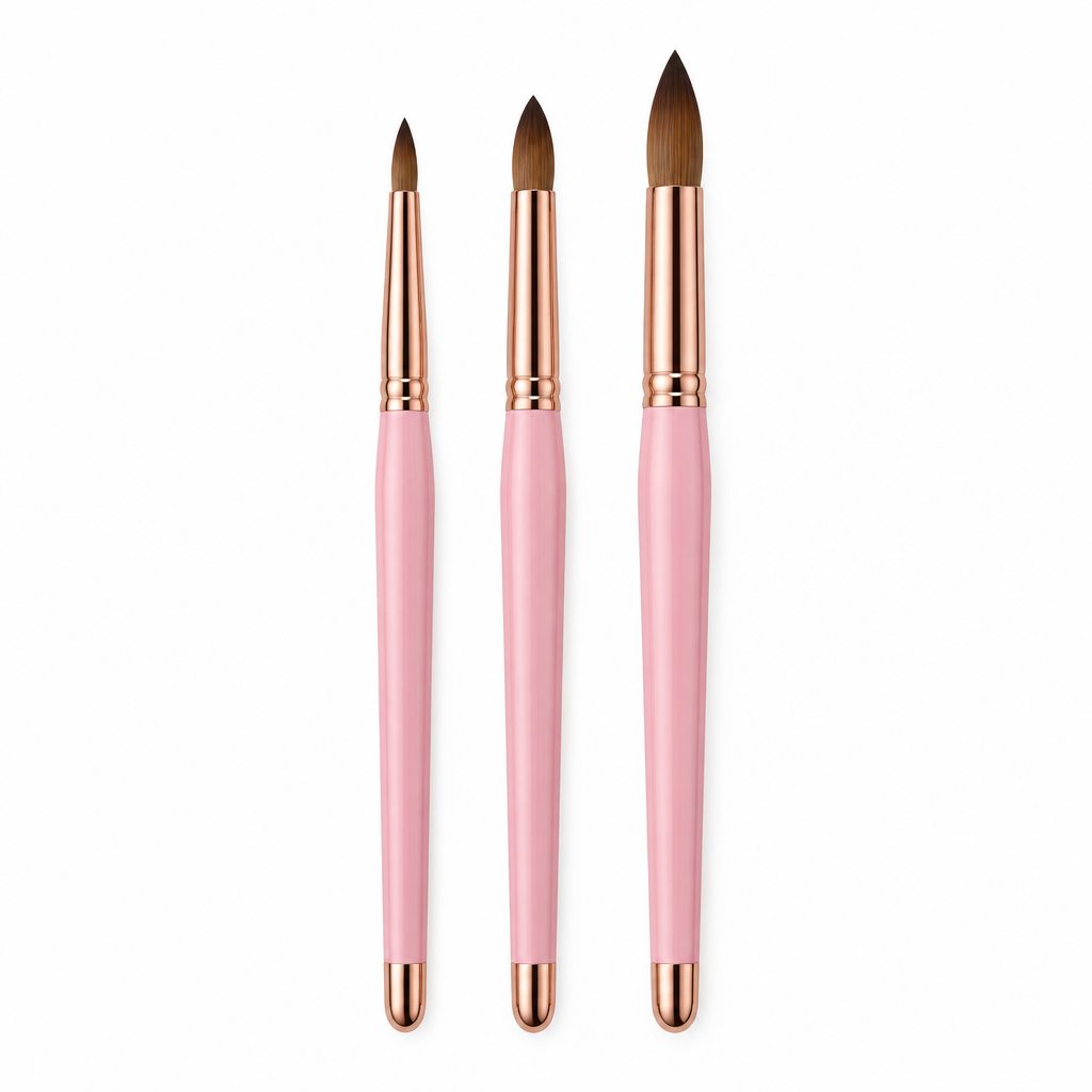 Three pink and rose gold acrylic nail art brushes sizes 8, 10 and 14