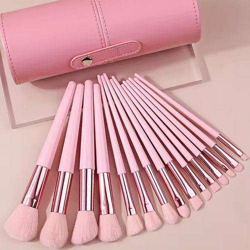 15 piece pink makeup brush set with rose gold ferrules and pink cylindrical leather storage case