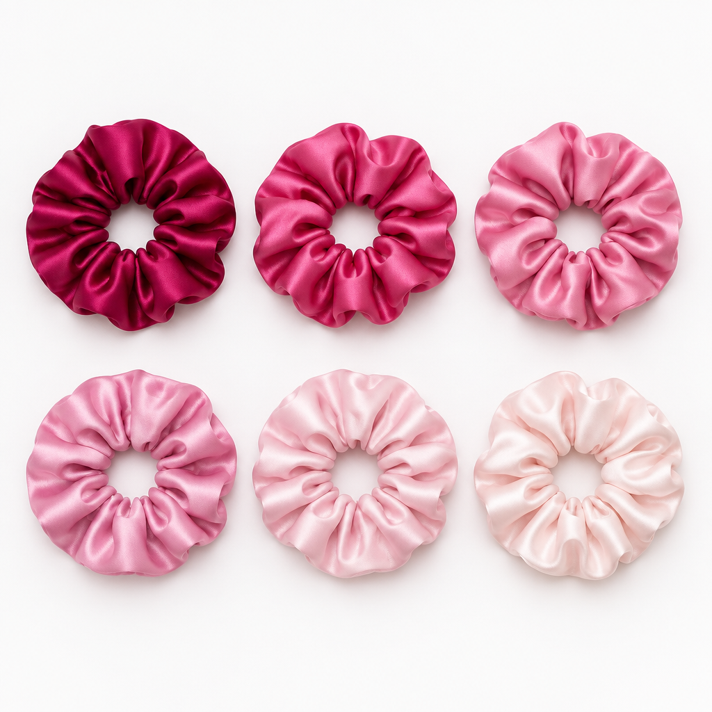 6 piece pink scrunchie set in graduating shades from dark to light pink
